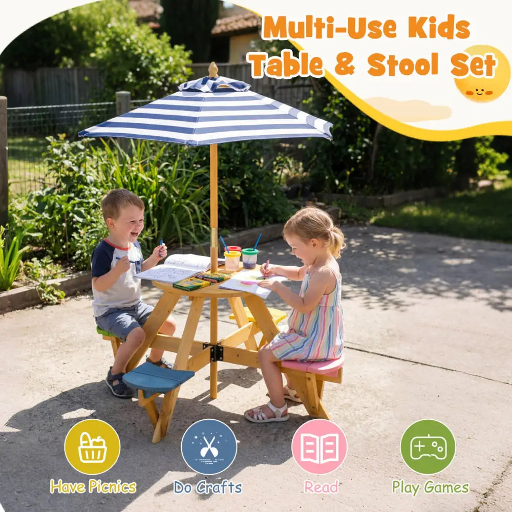 Kids Picnic Table with Stools and Foldable Adjustable Umbrella for Backyard and Patio-Blue - Blue - Kids Table & Chair