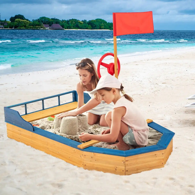 Kids’ Pirate Boat Sandbox with Flag and Rudder - Natural - Sandboxes