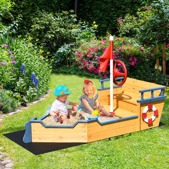 Kids Pirate Boat Wooden Sandbox Children Outdoor Playset - Natural - Sandboxes