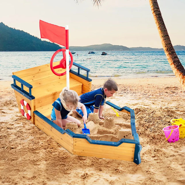 Kids Pirate Boat Wooden Sandbox Children Outdoor Playset - Natural - Sandboxes