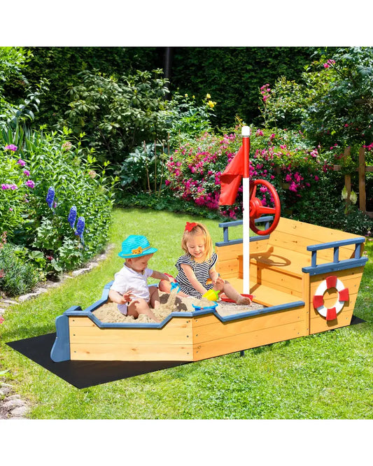 Kids Pirate Boat Wooden Sandbox Children Outdoor Playset - Natural - Sandboxes