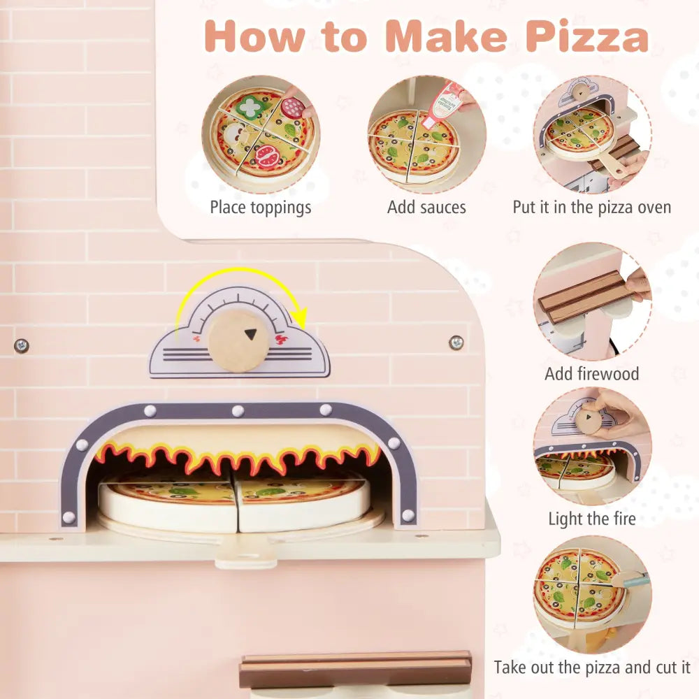 Kids Pizza Food Truck Wooden Pretend Play Snack Cart with Oven-Pink - Pink - Play Kitchen Sets