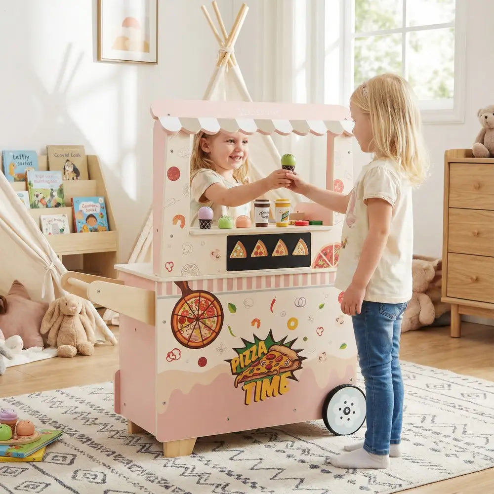 Kids Pizza Food Truck Wooden Pretend Play Snack Cart with Oven-Pink - Pink - Play Kitchen Sets