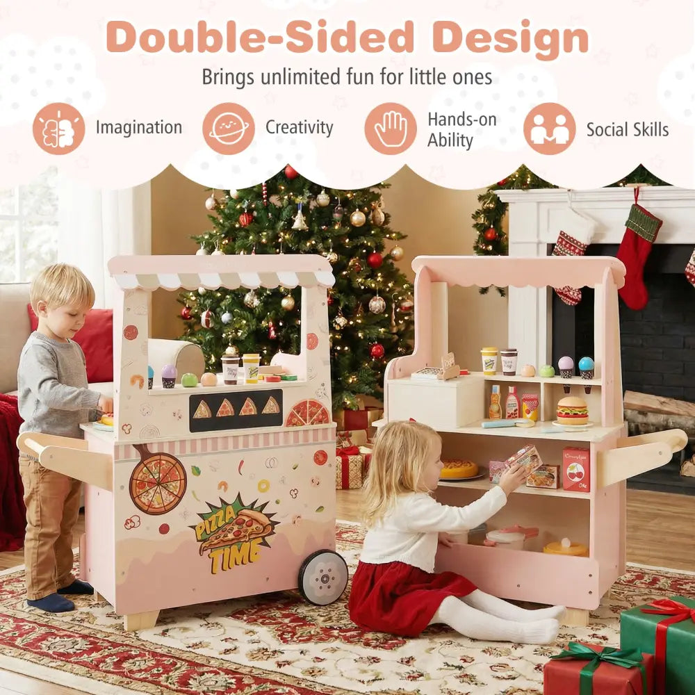 Kids Pizza Food Truck Wooden Pretend Play Snack Cart with Oven-Pink - Pink - Play Kitchen Sets