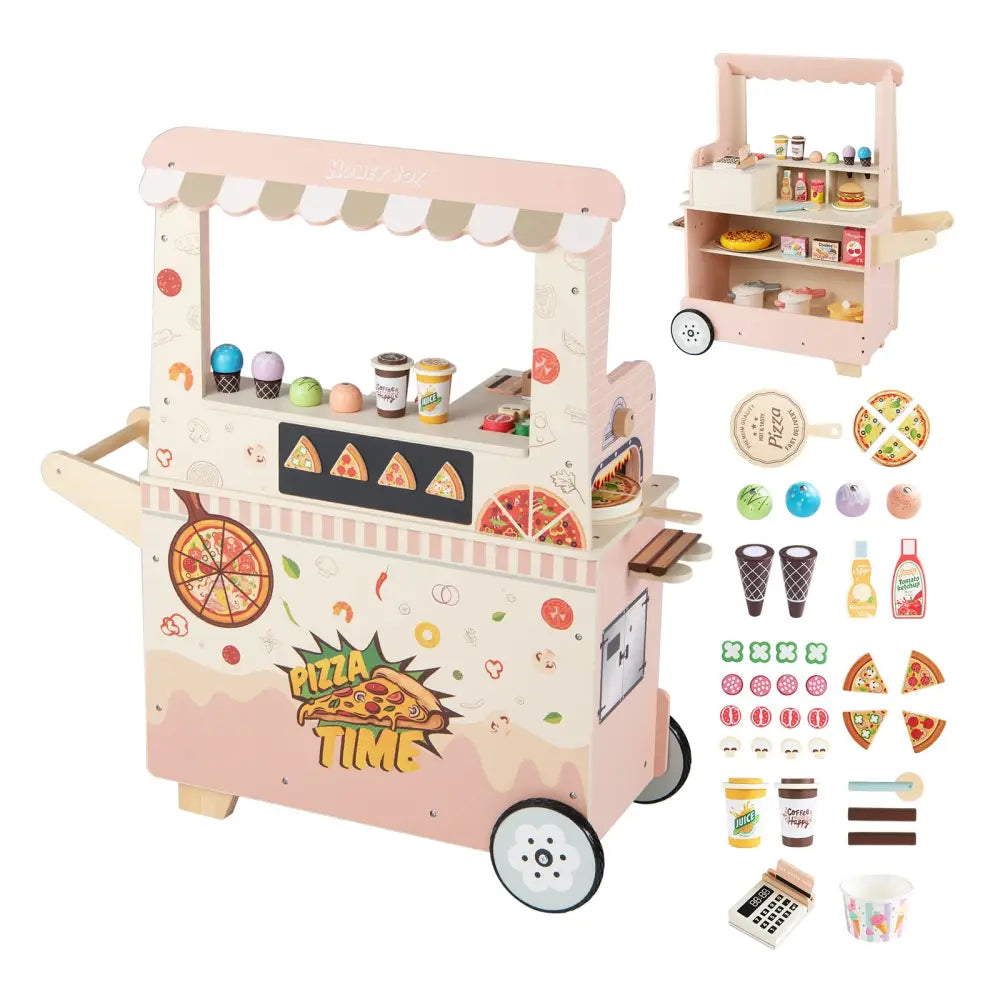 Kids Pizza Food Truck Wooden Pretend Play Snack Cart with Oven-Pink - Pink - Play Kitchen Sets