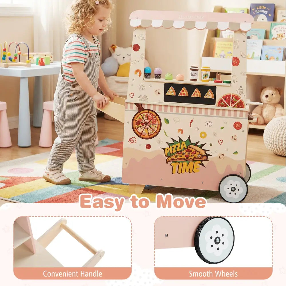 Kids Pizza Food Truck Wooden Pretend Play Snack Cart with Oven-Pink - Pink - Play Kitchen Sets