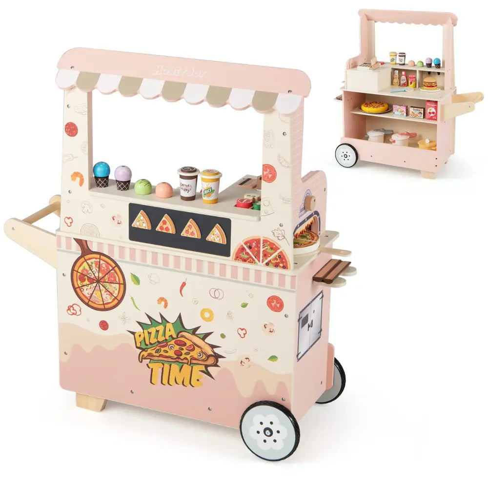 Kids Pizza Food Truck Wooden Pretend Play Snack Cart with Oven-Pink - Pink - Play Kitchen Sets