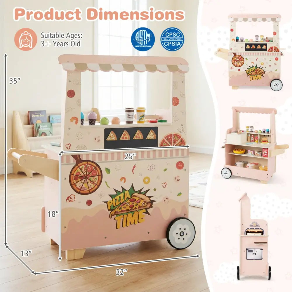 Kids Pizza Food Truck Wooden Pretend Play Snack Cart with Oven-Pink - Pink - Play Kitchen Sets