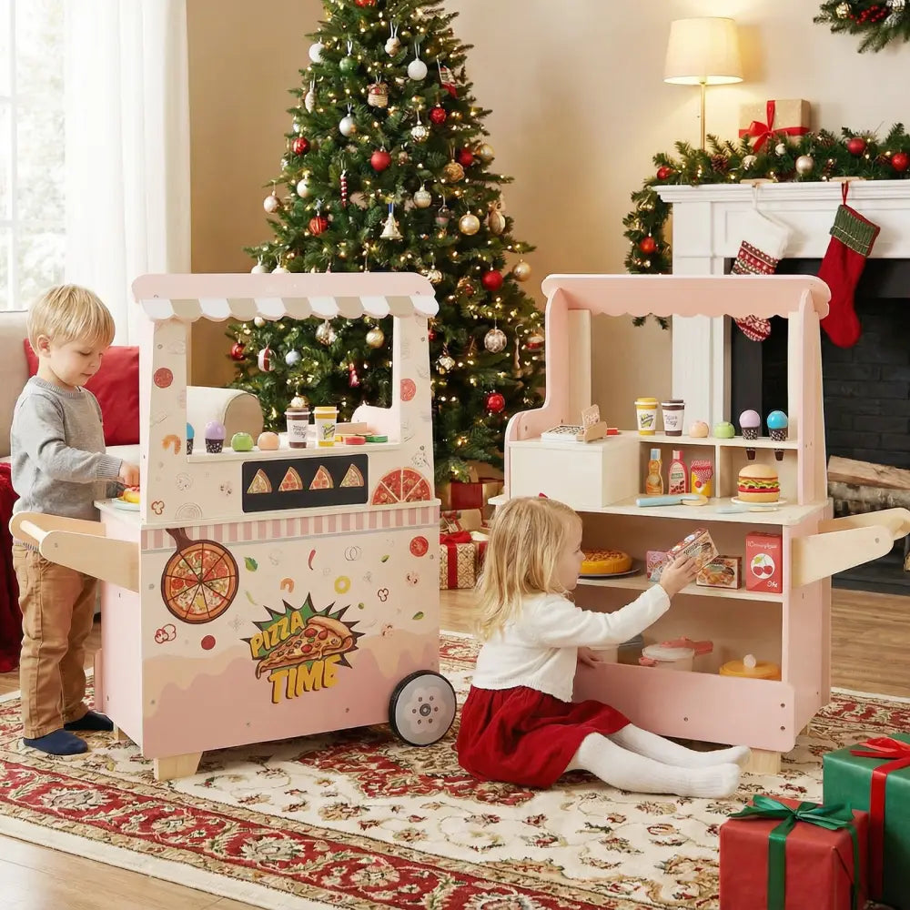 Kids Pizza Food Truck Wooden Pretend Play Snack Cart with Oven-Pink - Pink - Play Kitchen Sets