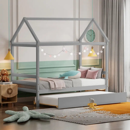 Kids Platform Bed Frame with Roof for Bedroom-Gray - Gray - Trundle Bed Frame