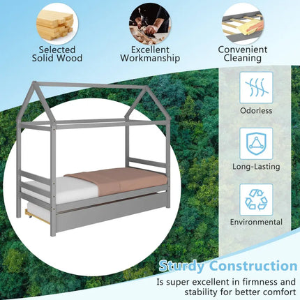 Kids Platform Bed Frame with Roof for Bedroom-Gray - Gray - Trundle Bed Frame