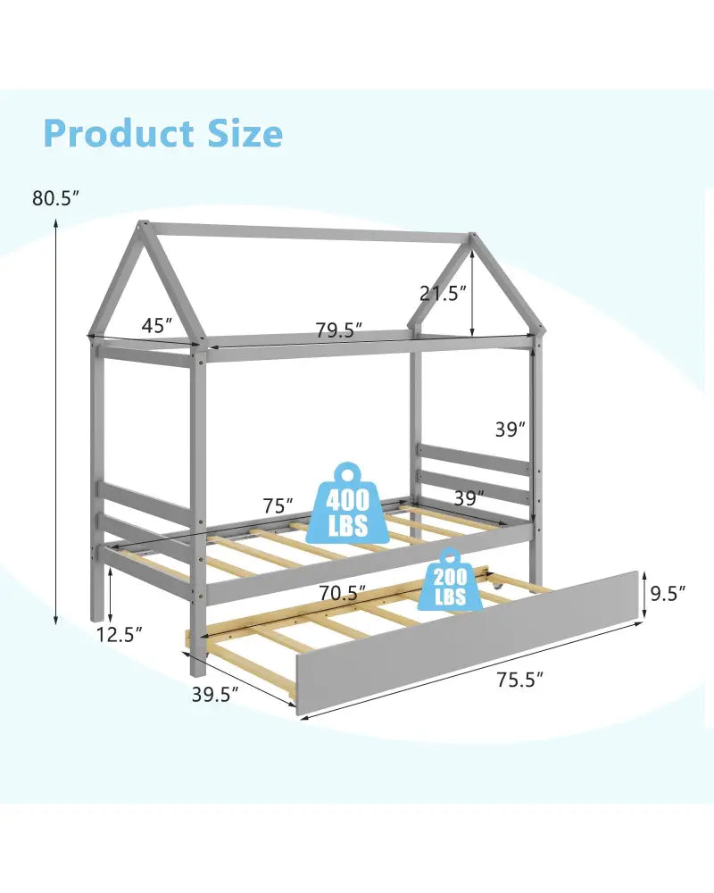 Kids Platform Bed Frame with Roof for Bedroom-Gray - Gray - Trundle Bed Frame