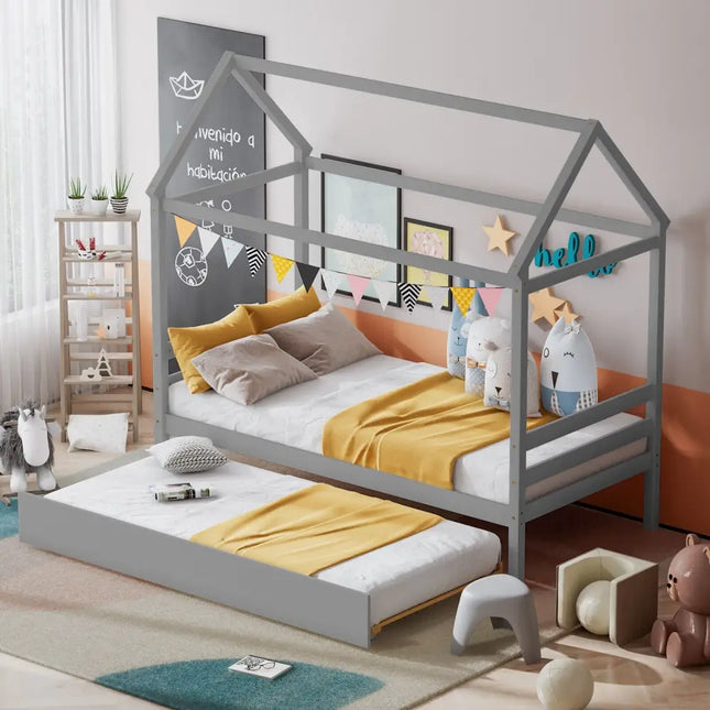 Kids Platform Bed Frame with Roof for Bedroom-Gray - Gray - Trundle Bed Frame