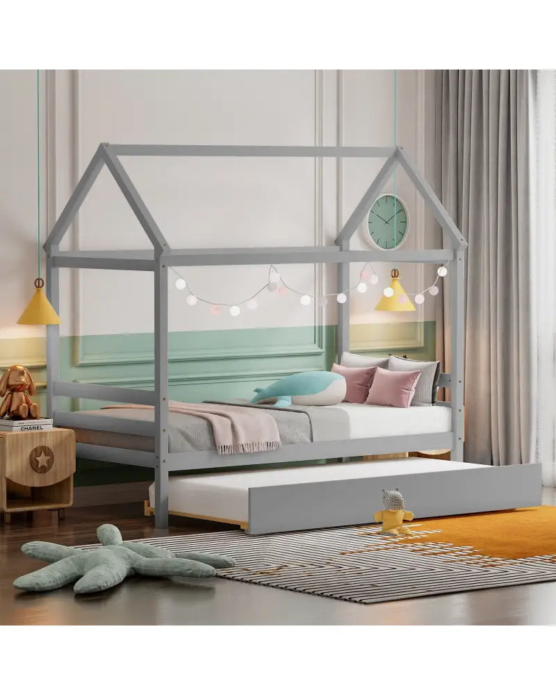Kids Platform Bed Frame with Roof for Bedroom-Gray - Gray - Trundle Bed Frame