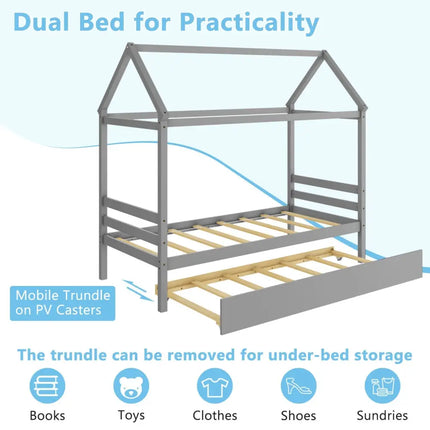 Kids Platform Bed Frame with Roof for Bedroom-Gray - Gray - Trundle Bed Frame