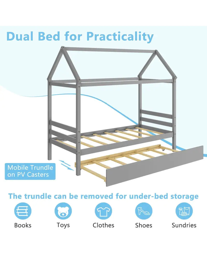 Kids Platform Bed Frame with Roof for Bedroom-Gray - Gray - Trundle Bed Frame