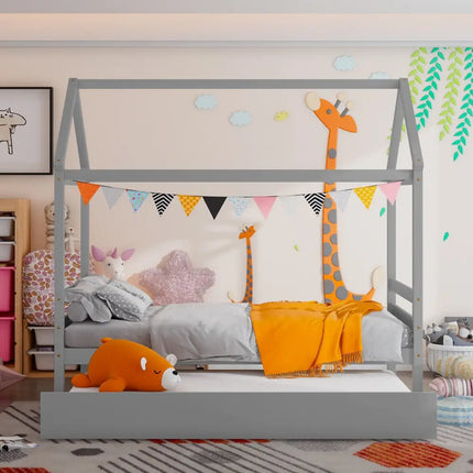 Kids Platform Bed Frame with Roof for Bedroom-Gray - Gray - Trundle Bed Frame
