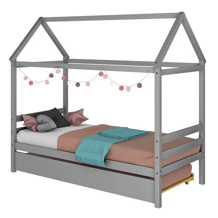 Kids Platform Bed Frame with Roof for Bedroom-Gray - Gray - Trundle Bed Frame