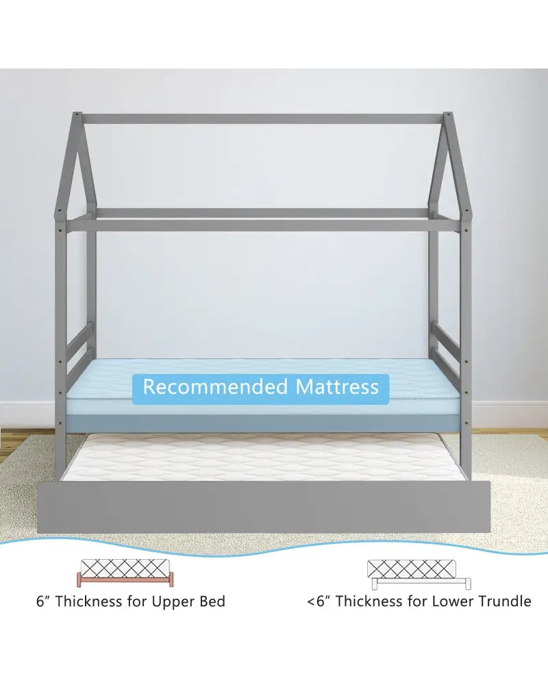 Kids Platform Bed Frame with Roof for Bedroom-Gray - Gray - Trundle Bed Frame