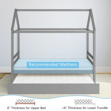 Kids Platform Bed Frame with Roof for Bedroom-Gray - Gray - Trundle Bed Frame