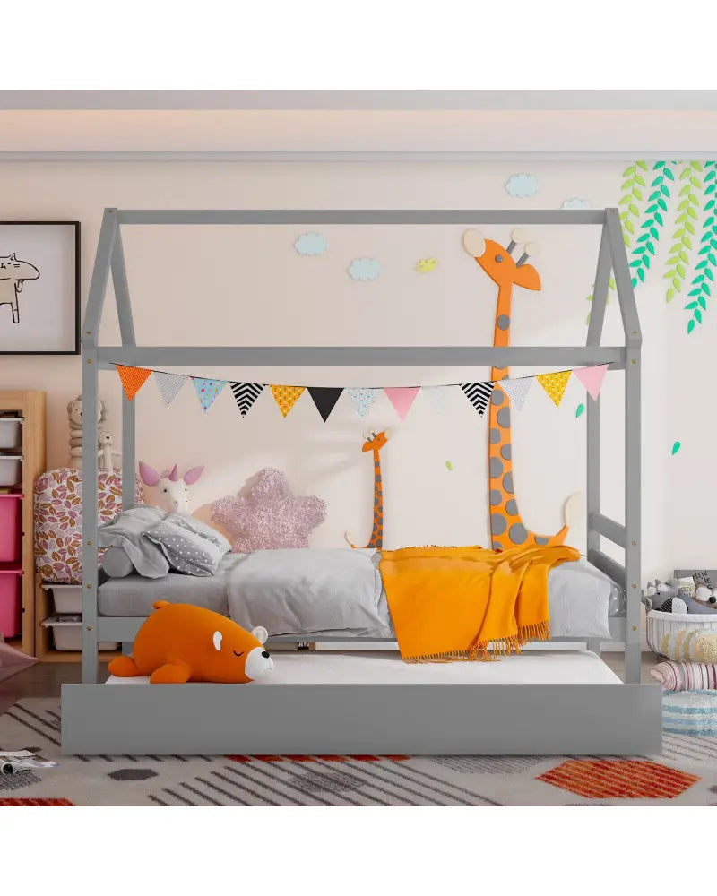 Kids Platform Bed Frame with Roof for Bedroom-Gray - Gray - Trundle Bed Frame
