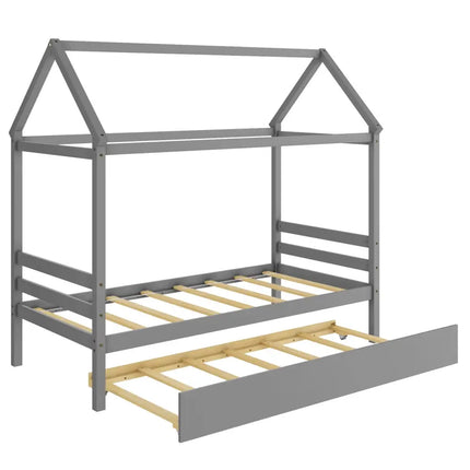 Kids Platform Bed Frame with Roof for Bedroom-Gray - Gray - Trundle Bed Frame
