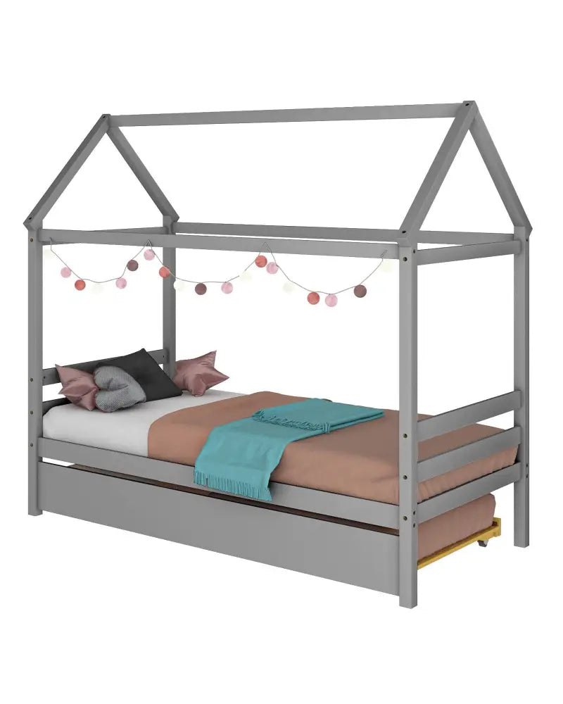 Kids Platform Bed Frame with Roof for Bedroom-Gray - Gray - Trundle Bed Frame