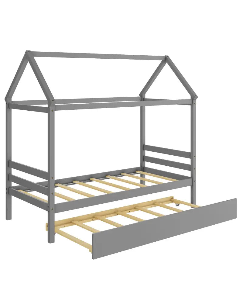 Kids Platform Bed Frame with Roof for Bedroom-Gray - Gray - Trundle Bed Frame
