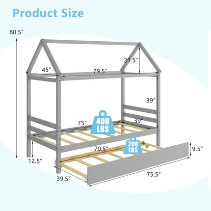 Kids Platform Bed Frame with Roof for Bedroom-Gray - Gray - Trundle Bed Frame