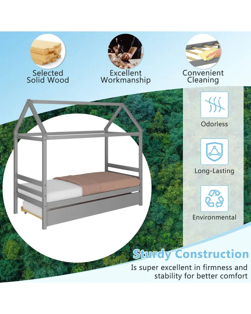 Kids Platform Bed Frame with Roof for Bedroom-Gray - Gray - Trundle Bed Frame