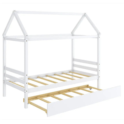 Kids Platform Bed Frame with Roof for Bedroom-White - White - Trundle Bed Frame