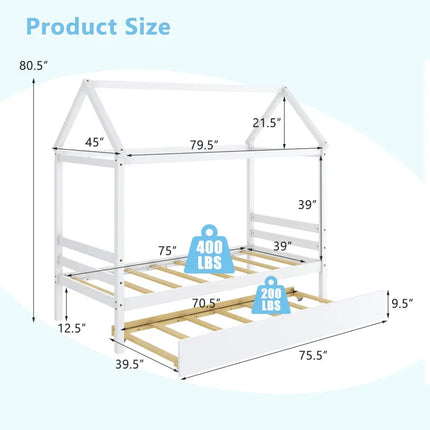 Kids Platform Bed Frame with Roof for Bedroom-White - White - Trundle Bed Frame