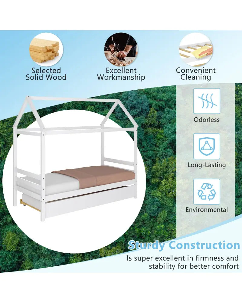 Kids Platform Bed Frame with Roof for Bedroom-White - White - Trundle Bed Frame