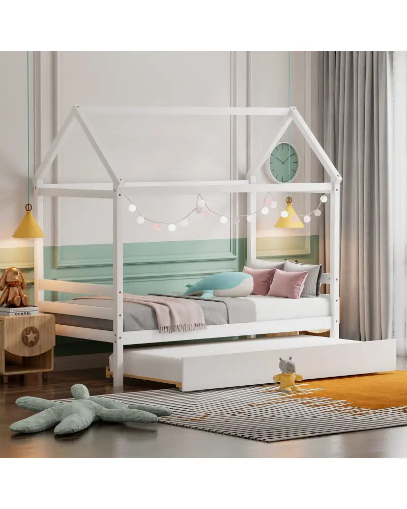 Kids Platform Bed Frame with Roof for Bedroom-White - White - Trundle Bed Frame