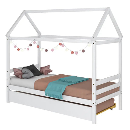 Kids Platform Bed Frame with Roof for Bedroom-White - White - Trundle Bed Frame