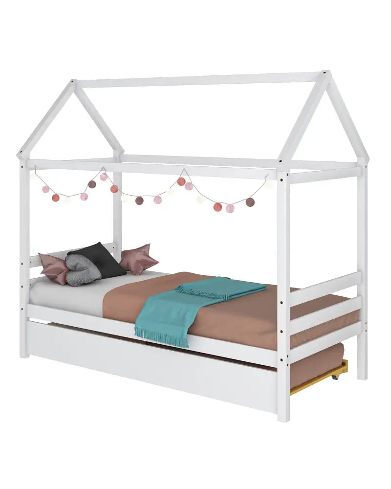 Kids Platform Bed Frame with Roof for Bedroom-White - White - Trundle Bed Frame