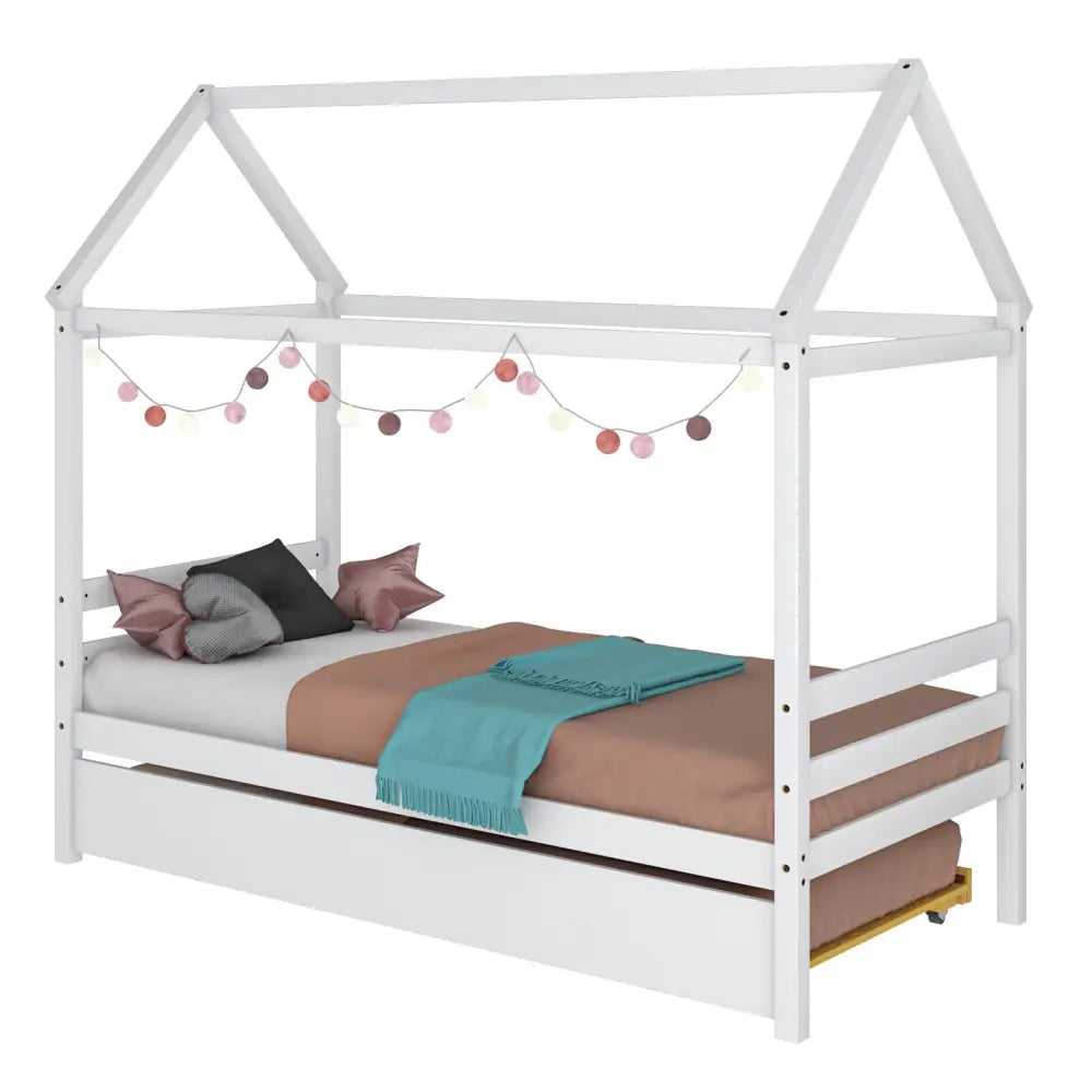 Kids Platform Bed Frame with Roof for Bedroom-White - White - Trundle Bed Frame