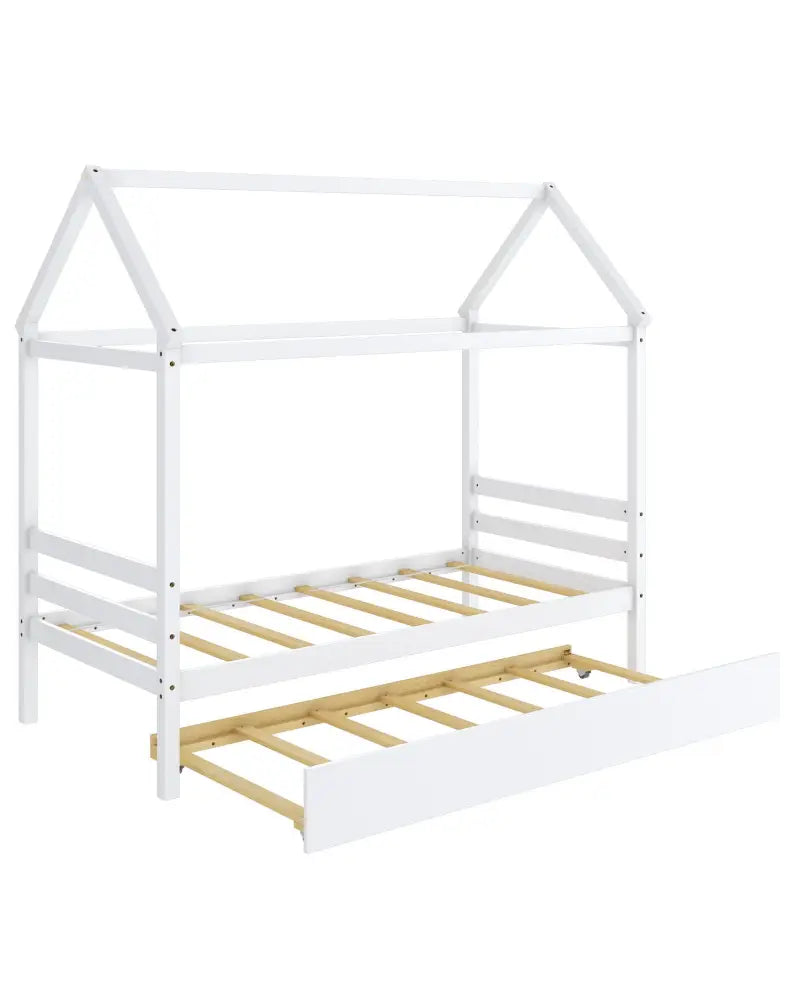Kids Platform Bed Frame with Roof for Bedroom-White - White - Trundle Bed Frame