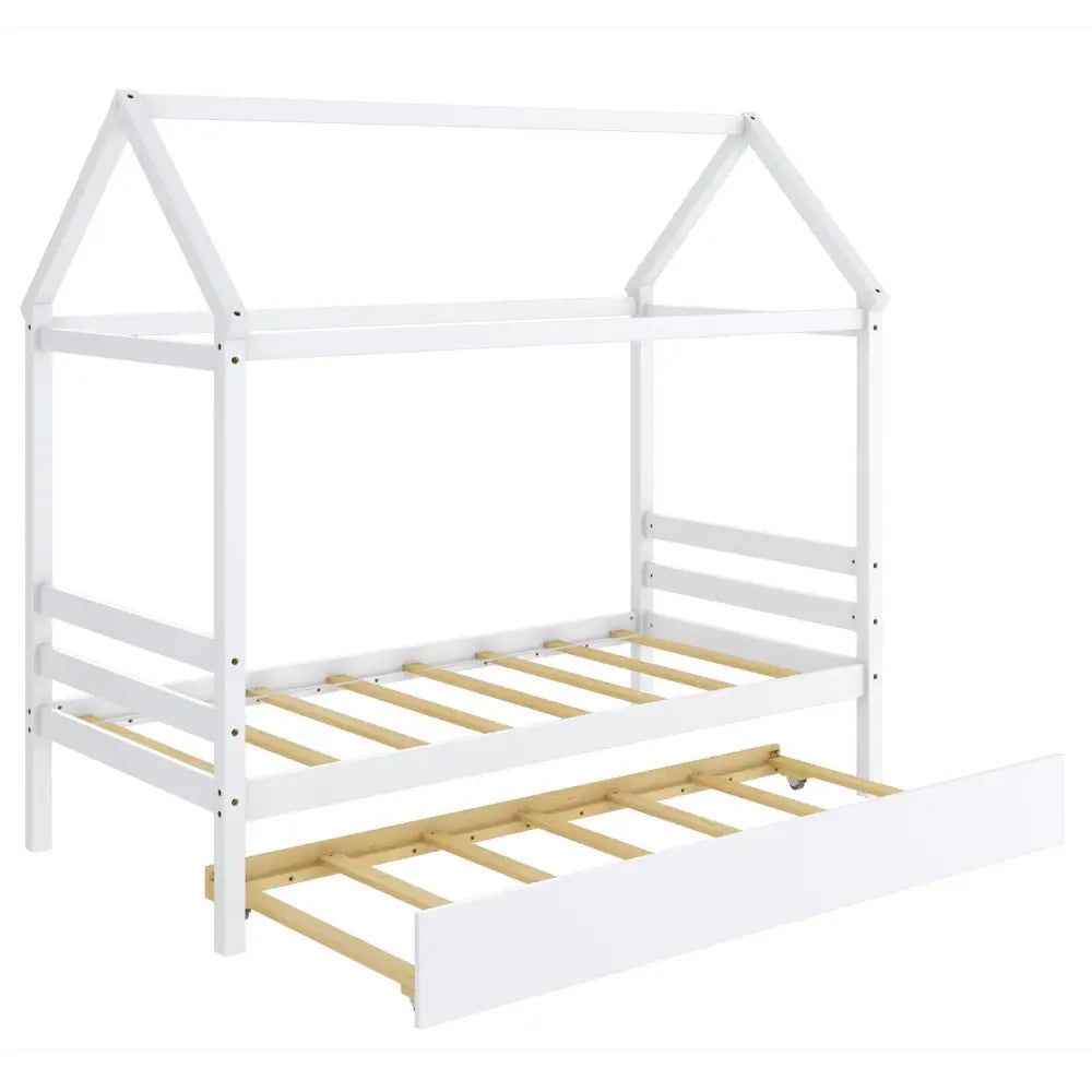 Kids Platform Bed Frame with Roof for Bedroom-White - White - Trundle Bed Frame