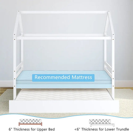 Kids Platform Bed Frame with Roof for Bedroom-White - White - Trundle Bed Frame