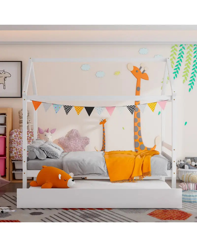 Kids Platform Bed Frame with Roof for Bedroom-White - White - Trundle Bed Frame
