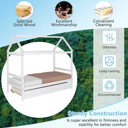 Kids Platform Bed Frame with Roof for Bedroom-White - White - Trundle Bed Frame