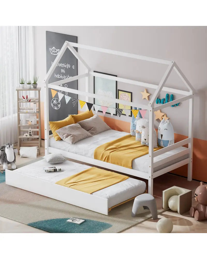 Kids Platform Bed Frame with Roof for Bedroom-White - White - Trundle Bed Frame