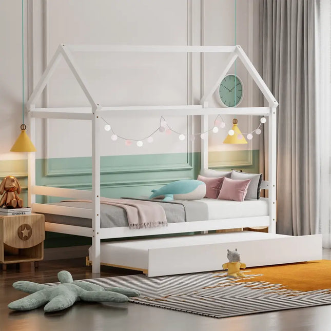 Kids Platform Bed Frame with Roof for Bedroom-White - White - Trundle Bed Frame