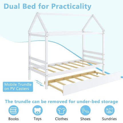 Kids Platform Bed Frame with Roof for Bedroom-White - White - Trundle Bed Frame