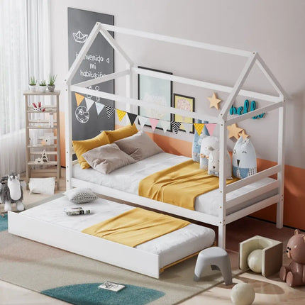 Kids Platform Bed Frame with Roof for Bedroom-White - White - Trundle Bed Frame