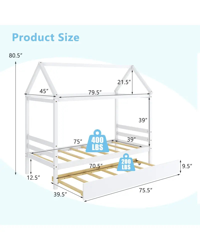 Kids Platform Bed Frame with Roof for Bedroom-White - White - Trundle Bed Frame