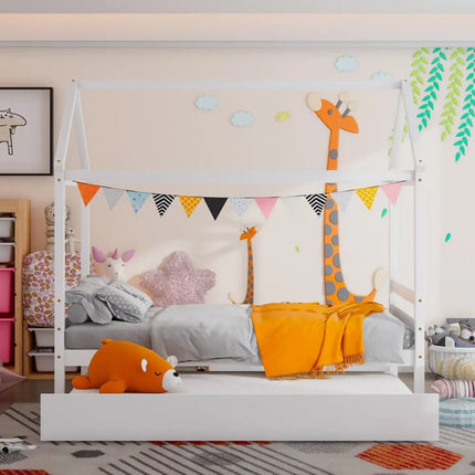Kids Platform Bed Frame with Roof for Bedroom-White - White - Trundle Bed Frame