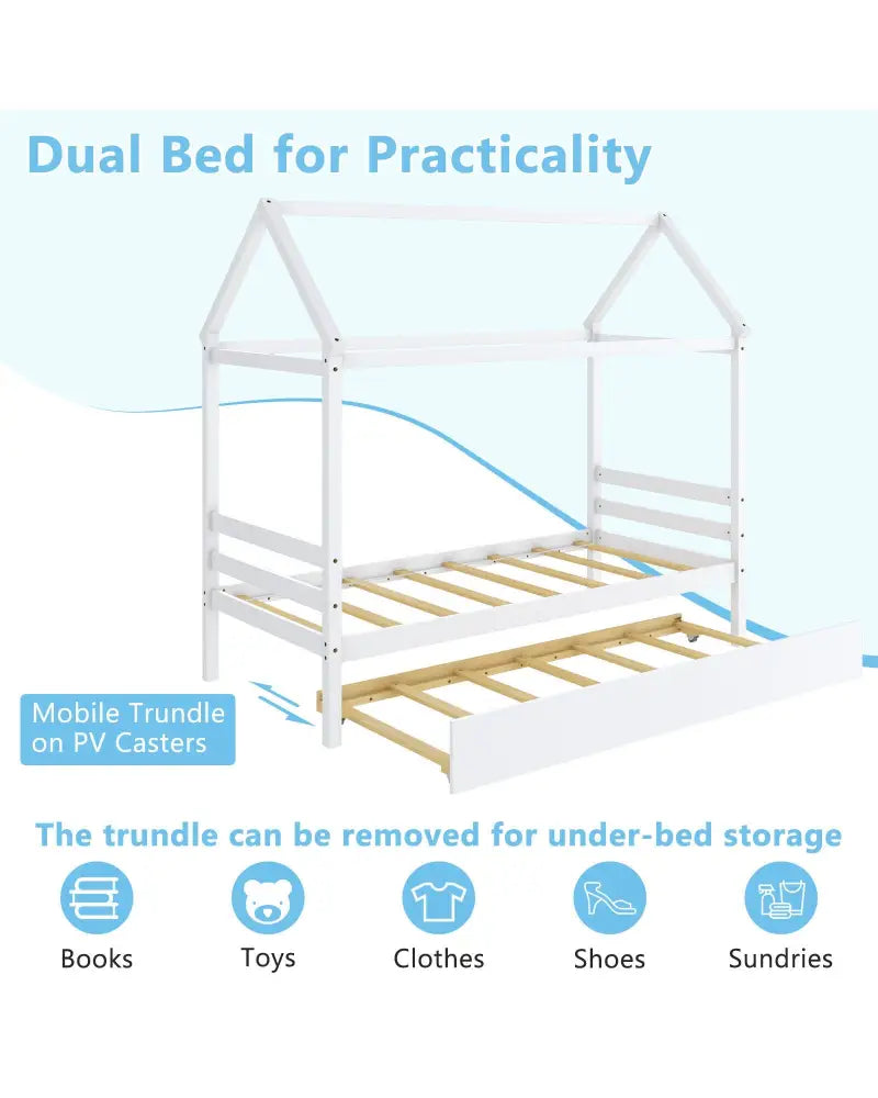 Kids Platform Bed Frame with Roof for Bedroom-White - White - Trundle Bed Frame