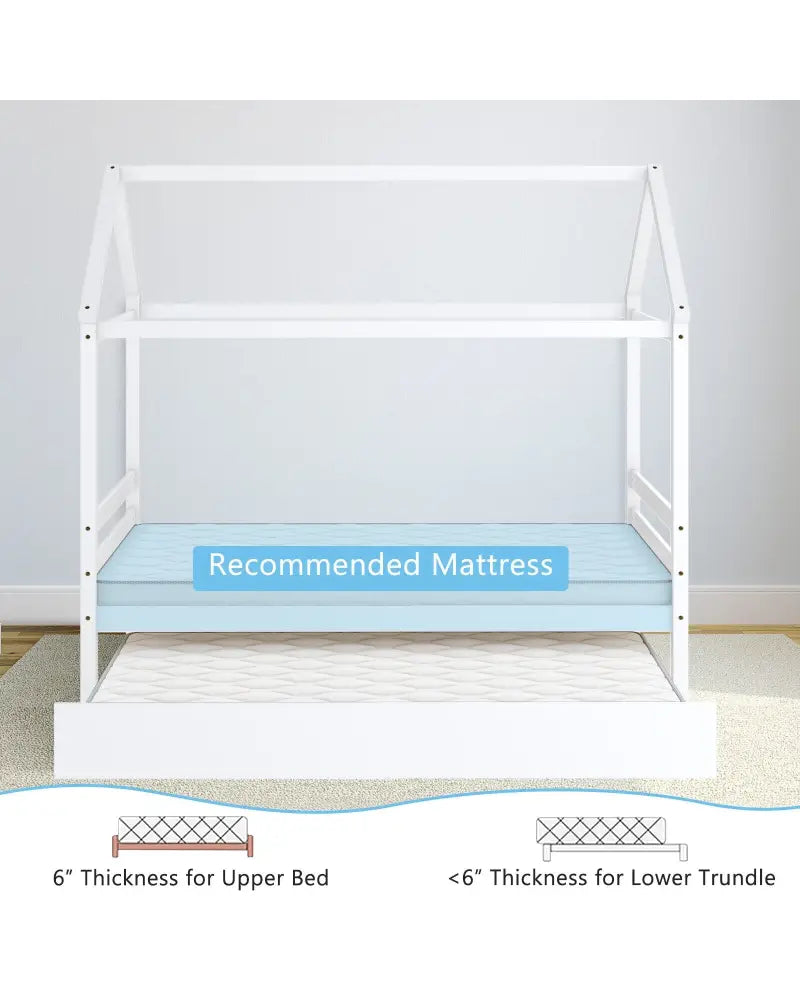 Kids Platform Bed Frame with Roof for Bedroom-White - White - Trundle Bed Frame